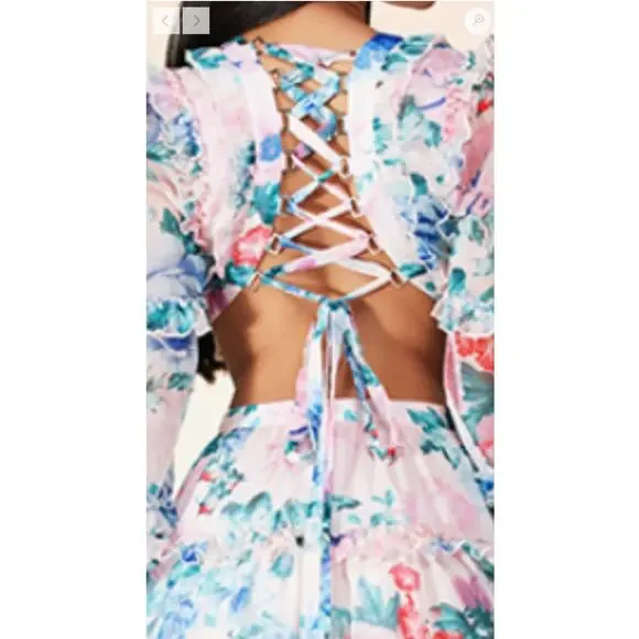 L'atiste Watercolor Floral Cutout Maxi Dress Small Lace Up Back Tiered Feminine - Picture 5 of 9